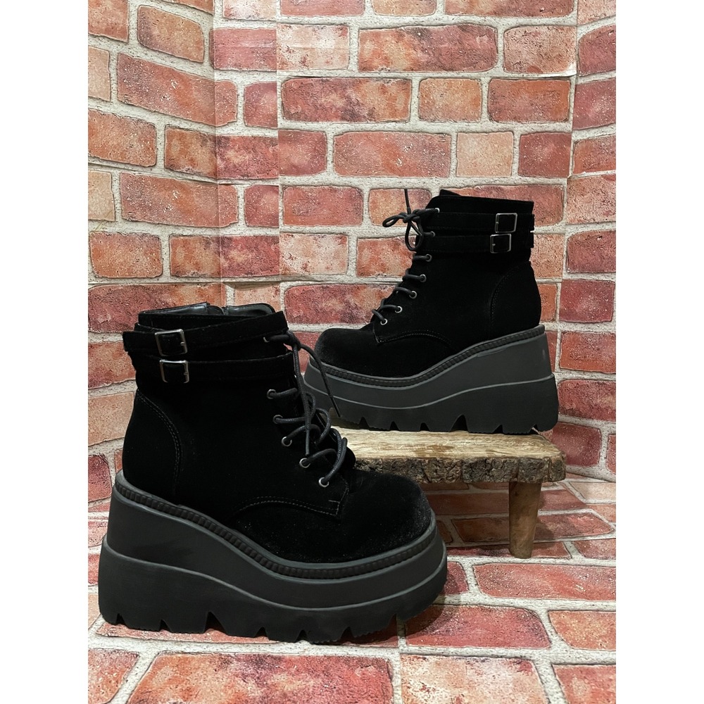 Demonia Shaker-52 Black Velvet Platform Wedge Ankle Boots Gothic Punk Sz 10